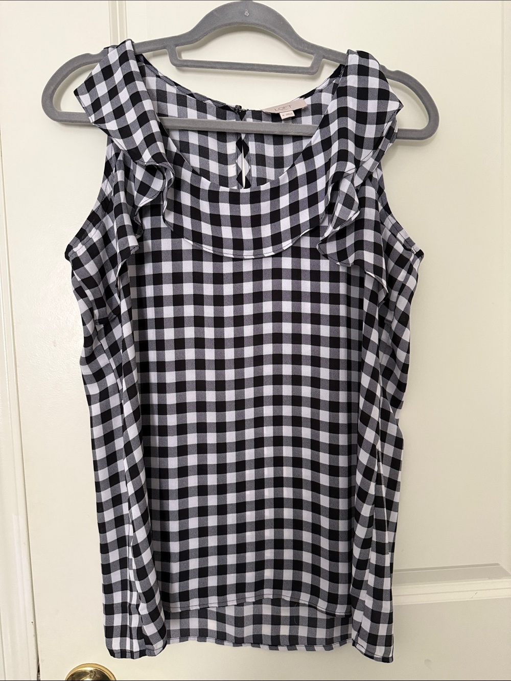 LOFT Black and White Gingham Ruffle Tank